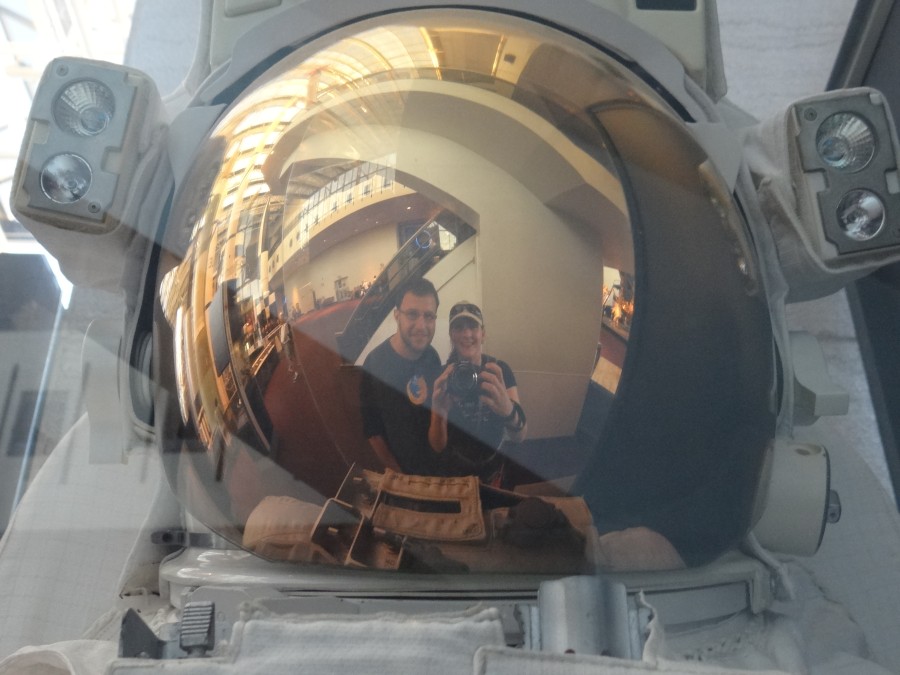 Us in the Helmet of a Space Suit at the Smithonian Aerospace Museum